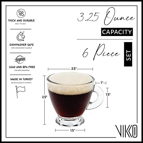 Vikko Espresso Cups, 3.25 Ounce Small Coffee Mugs, Set of 6 Clear Glass Coffee Mug, Durable Dishwasher Safe Glass Cups for Coffee or Tea