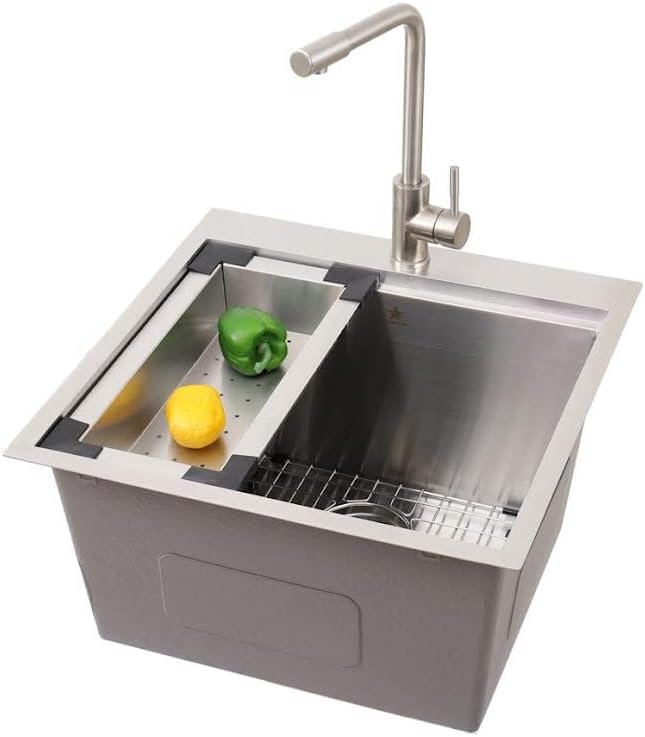 STARSTAR Workstation Ledge Topmount/Drop-in Single Bowl 304 Stainless Steel Kitchen/Yard/Bar/Laundry/Office Sink, With Grid, Colander, Cutting Board, Strainer (22 x 22 x 12-Black Colander)