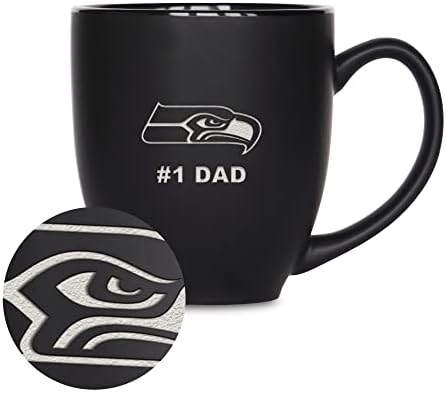 Rico Industries NFL Football #1 Dad 15oz Laser Engraved Matte Black Ceramic Bistro Mug - for Hot or Cold Drinks