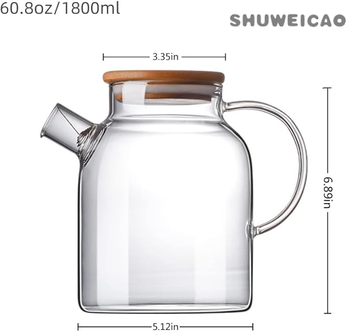 SHUWEICAO- Glass Teapot, Stovetop and Microwave Safe Glass Borosilicate Teapot, 60.8 oz Clear Glass Pitcherwith Natural Bamboo Lid and Removable Filter for Making Flower Tea and Juice