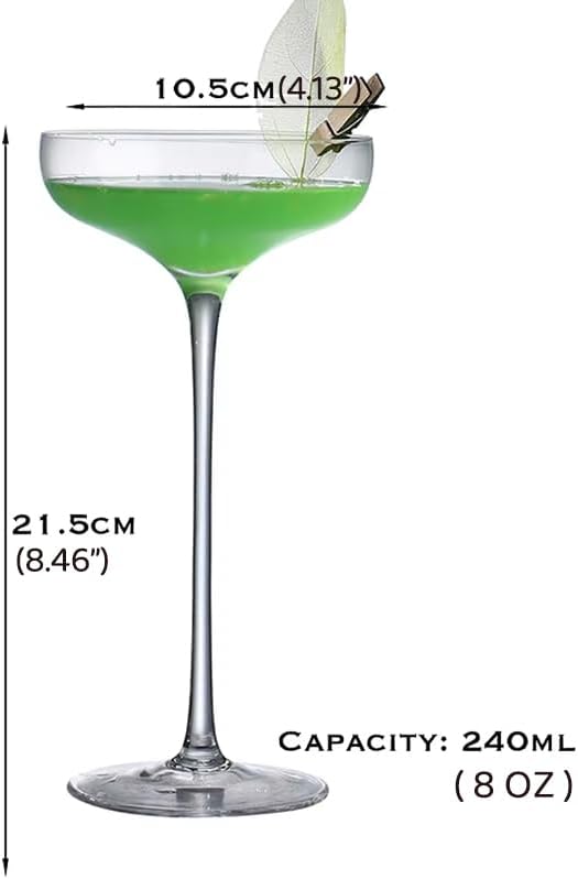 Crystal Cocktail Coupe Glasses, Long Stem, Hand Blown, 8 oz, Set of 4, Clear
