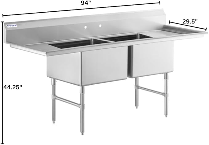 94" Wide Stainless Steel Two Compartment Commercial Sink | Utility 24" x 24" Bowl for Restaurant Laundry Garage | (2) 18" Drainboard, 9.75" Backsplash, 94"W x 29.5"D x 44.25"H, 16 Gauge, NSF