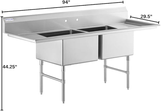 94" Wide Stainless Steel Two Compartment Commercial Sink | Utility 24" x 24" Bowl for Restaurant Laundry Garage | (2) 18" Drainboard, 9.75" Backsplash, 94"W x 29.5"D x 44.25"H, 16 Gauge, NSF