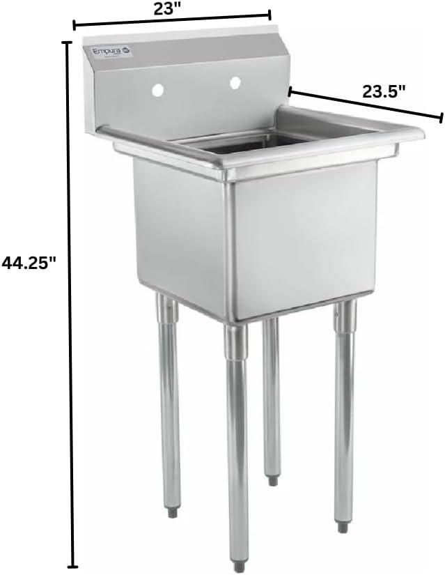 23" Wide Stainless Steel One Compartment Commercial Sink | Prep Utility 15 x 15 Bowl for Restaurant Laundry Garage | 3.5" Drain Basket, 9.75" Backsplash, 23"W x 23.5"D x 44.25"H, 18 Gauge, NSF