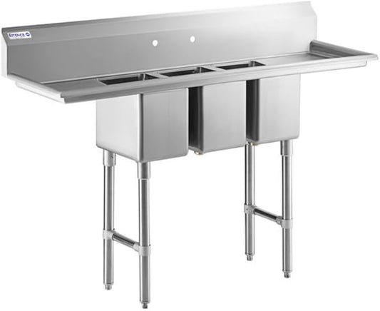 98" Wide Stainless Steel Three Compartment Commercial Sink | Utility 10" x 14" Bowl for Restaurant Laundry Garage | (2) 12" Drainboard, 9.75" Backsplash, 98"W x 29.5"D x 44.25"H, 16 Gauge, NSF