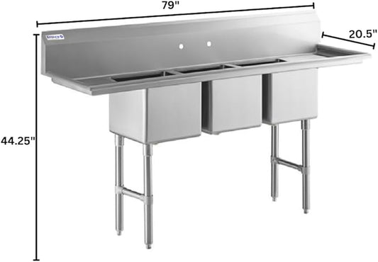 79" Wide Stainless Steel Three Compartment Commercial Sink | Utility 15" x 15" Bowl for Restaurant Laundry Garage | (2) 15" Drainboard, 9.75" Backsplash, 79"W x 20.5"D x 44.25"H, 16 Gauge, NSF