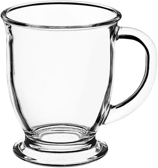 Clear Glass Cafe Mug, 16 oz Capacity, Crystal Construction, Footed Base, Dishwasher Safe, Customizable, 12 per Case
