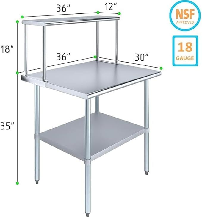 Stainless Steel Work Table with Wide Single Tier Overshelf | Metal Kitchen Prep Table & Shelving Combo (30" x 36" Work Table + 12" Overshelf)