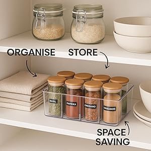 4 Pack Pantry Organizers and Storage,Snack Containers with 3 Dividers for Kitchen,Fridge,Refrigerator Organization and Storage,Clear Plastic Organizer Bins for Spice,Tea bag,Seasoning