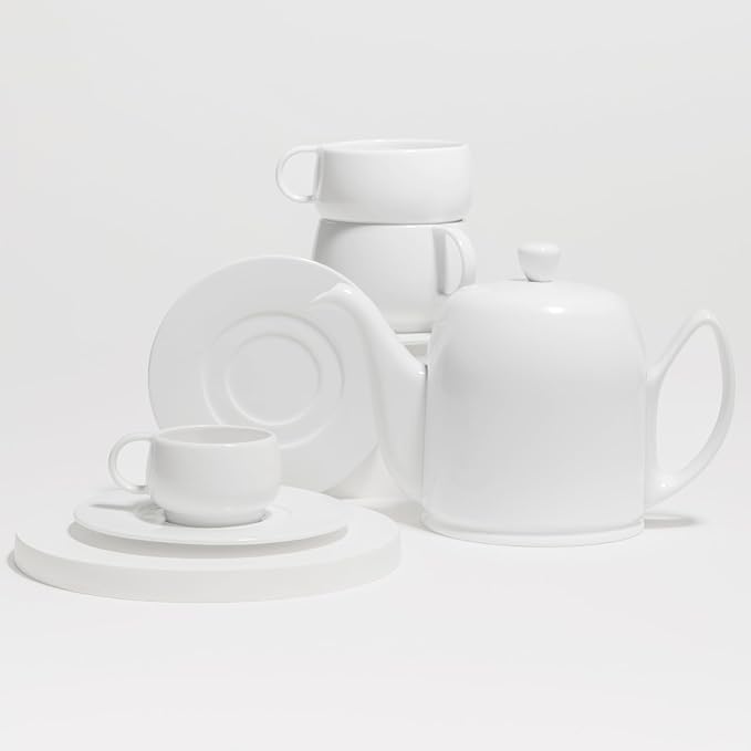 Degrenne Salam Luxury French Tea Pot - Porcelain Teapot with Stainless Steel Cover, Ceramic Tea Kettle for Loose Tea, Removable Infuser, 4 Cup Capacity, 24oz - Monochrome Mint