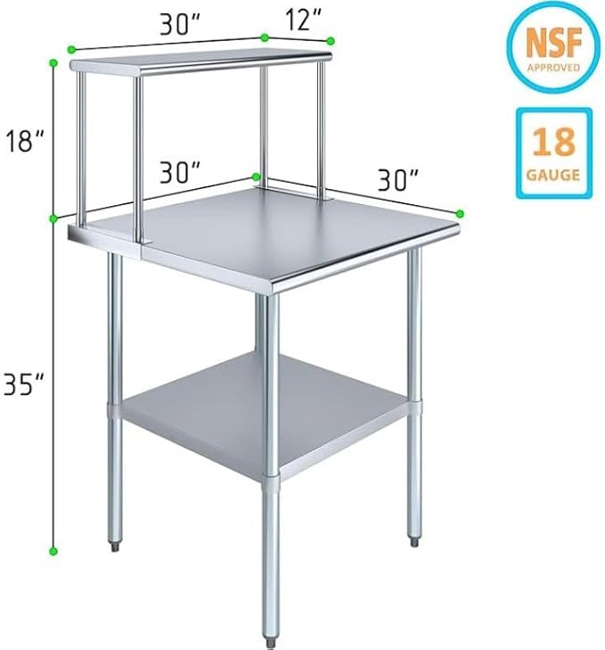 Stainless Steel Work Table with Wide Single Tier Overshelf | Metal Kitchen Prep Table & Shelving Combo (30" x 30" Work Table + 12" Overshelf)