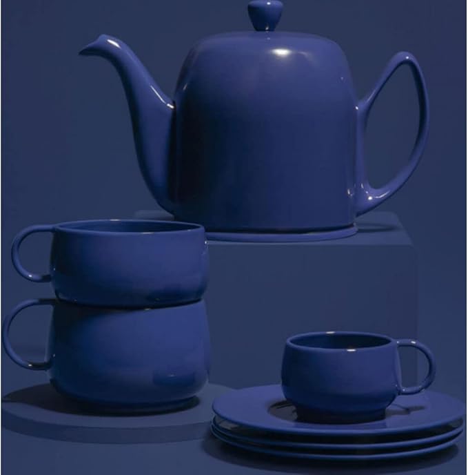 Degrenne Salam Luxury French Tea Pot - Porcelain Teapot with Stainless Steel Cover, Ceramic Tea Kettle for Loose Tea, Removable Infuser, 6 Cup Capacity, 36oz - Monochrome Blue
