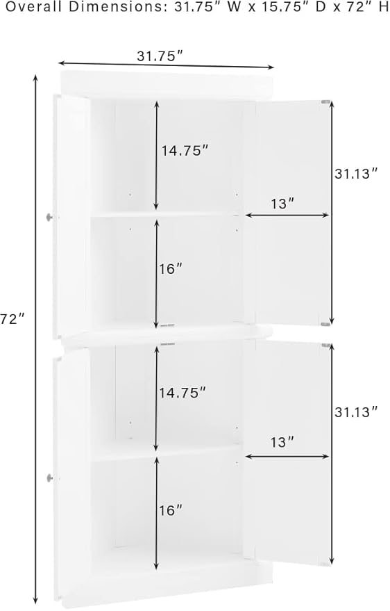 Crosley Furniture Shoreline Tall Pantry Storage Cabinet with Shelves, Kitchen, Dining, or Laundry Room, White