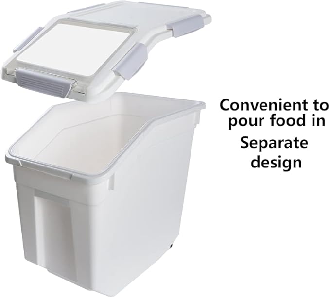 Airtight Flour Storage Container 25 lb Rice Storage Container with Wheels Seal Locking Lid, Food Containers with Measuring Cup& Scoop for Flour, Rice, Grain(Gray)