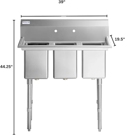 39" Wide Stainless Steel Three Compartment Commercial Sink | Prep Utility 10" x 14" Bowl for Restaurant Laundry | 3.5" Drain Basket, 9.75" Backsplash, 39"W x 19.5"D x 44.25"H, 16 Gauge, NSF