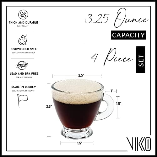 Vikko Espresso Cups, 3.25 Ounce Small Coffee Mugs, Set of 4 Clear Glass Coffee Mug, Durable Dishwasher Safe Glass Cups for Coffee or Tea