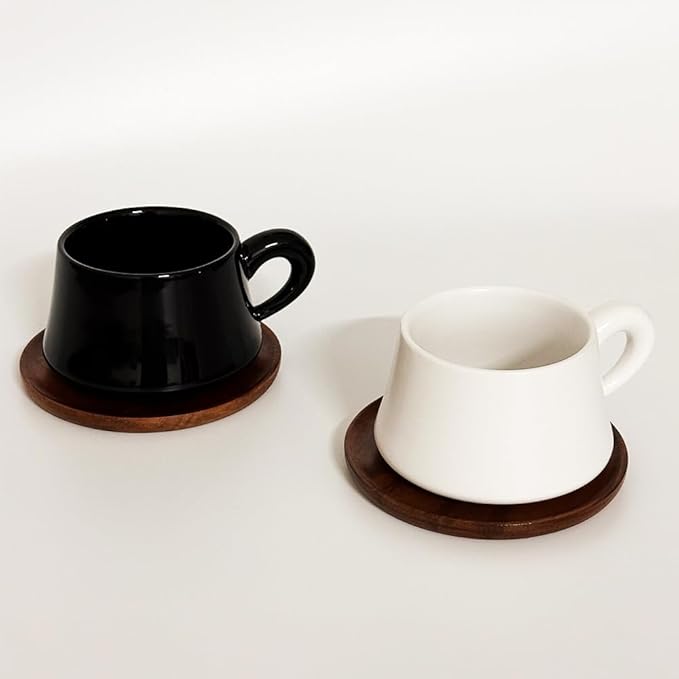 Black Cappuccino Mug and Wood Saucer - 7 oz Ceramic Coffee Cup with Saucer | Microwave Dishwasher Safe | For Tea, Espresso, Latte | Porcelain Cup Set for Kitchen Cafe | Great Gift