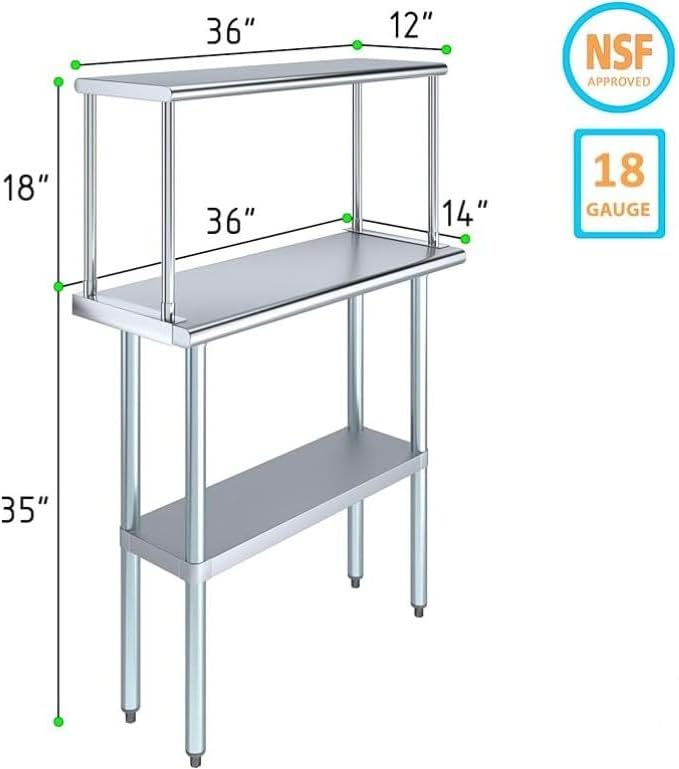 Stainless Steel Work Table with Wide Single Tier Overshelf | Metal Kitchen Prep Table & Shelving Combo (14" x 36" Work Table + 12" Overshelf)