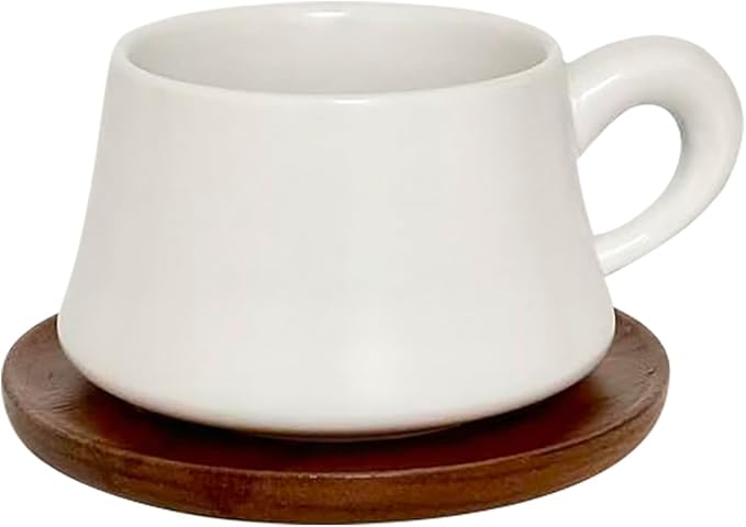 Set of 1 Ceramic Tea White Cup and Wood Saucer - 7 oz Tea Mug - Wide Cappuccino Cup, Coffee Cups for Cappuccino, Latte, Espresso, Americano