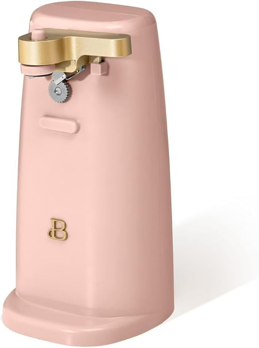 Beautiful Electric Can Opener with Auto-Turn, Magnetic Lid Holder, Knife Sharpener, Bottle Opener, Removable Lever, Cord Storage, No-Tilt Base, Stainless Steel Blade, 70W (Rose)