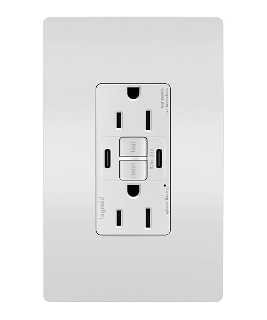 Legrand Radiant 1597TRUSBCCW 15 Amp GFCI Self Test Tamper Resistant Decorator Duplex Outlet with USB Type C, White with Screwless Wall Plate (1 Count)