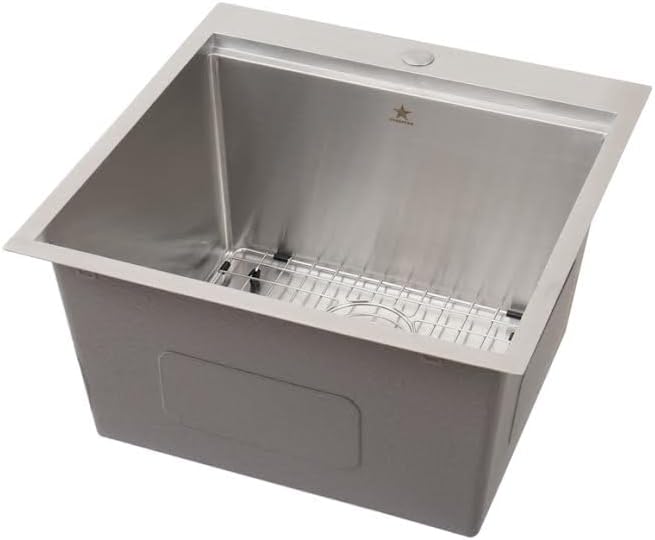 STARSTAR Workstation Ledge Topmount/Drop-in Single Bowl 304 Stainless Steel Kitchen/Yard/Bar/Laundry/Office Sink, With Grid, Colander, Cutting Board, Strainer (22 x 22 x 12-Wood Colander)