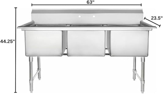 63" Wide Stainless Steel Three Compartment Commercial Sink | Prep Utility 18" x 18" Bowl for Restaurant Laundry | 3.5" Drain Basket, 9.75" Backsplash, 63"W x 23.5"D x 44.25"H, 16 Gauge, NSF