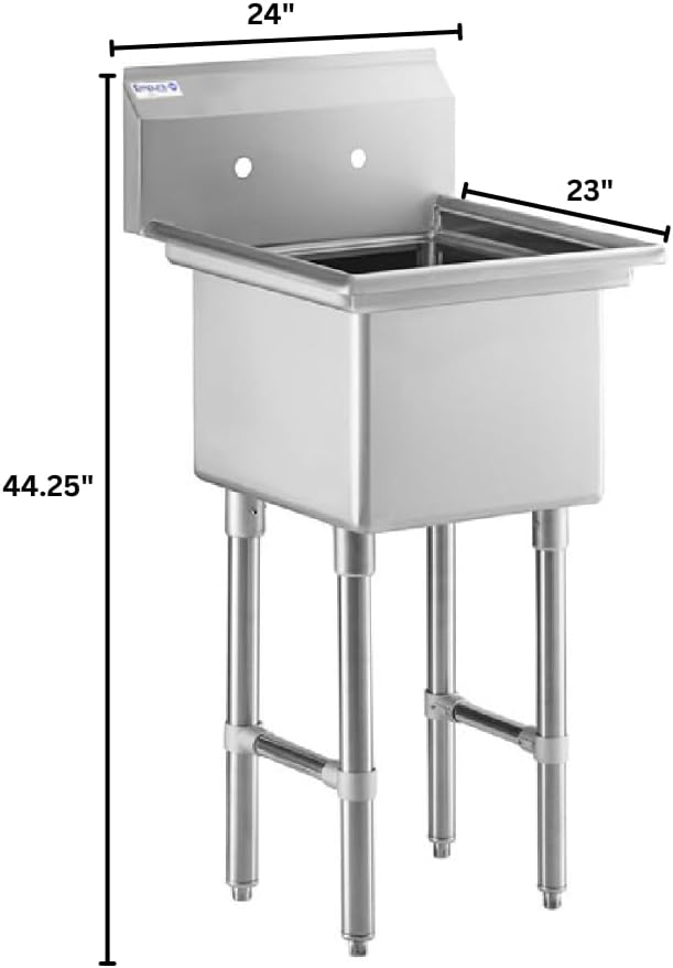 24" Wide Stainless Steel One Compartment Commercial Sink | Prep Utility 18 x 18 Bowl for Restaurant Laundry Garage | 3.5" Drain Basket, 9.75" Backsplash, 23.5"W x 23"D x 44.25"H, 16 Gauge, NSF