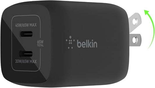Belkin Dual USB C Charger Block 65W, Super Fast Charging PD 3.0 w/GaN - Samsung Galaxy S25, Apple iPhone 17, Air, Pro, Pro Max, iPad, MacBook, AirPods, Apple Watch, & More - Black