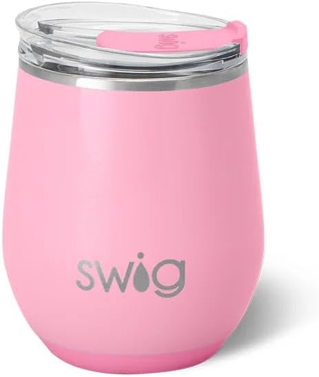 Swig Life 12oz Wine Tumbler with Lid, Stainless Steel, Dishwasher Safe, Portable, Triple Insulated Wine Tumbler (Shimmer Bubblegum)