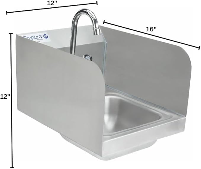 12" Wide Stainless Steel Wall Mounted Hand Sink | Commercial Prep Utility 9" x 9" Bowl for Kitchen Garage | 4" Center Gooseneck Faucet, 10" Back/Side Splash, 12"W x 16"D x 12"H, 20 Gauge, NSF
