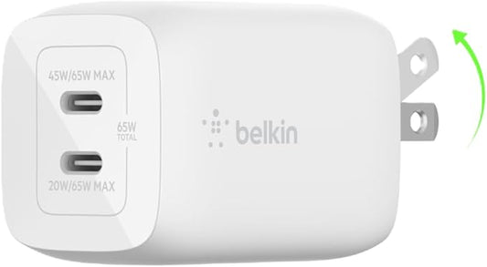 Belkin 65W Dual USB C Charger Block, Super Fast Charging PD3.0 w/ GaN Technology - Samsung Galaxy S25, Apple iPhone 17, Air, Pro, Pro Max, iPad, MacBook, AirPods, Nintendo Switch 2 & More - White
