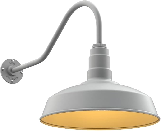 Steel Lighting Co. | Dusk to Dawn | Gardena Barn Light | Outdoor Wall Mounted | 16" Dome | 23" Gooseneck | Farmhouse Light Made in America | Modern Gray/Brass