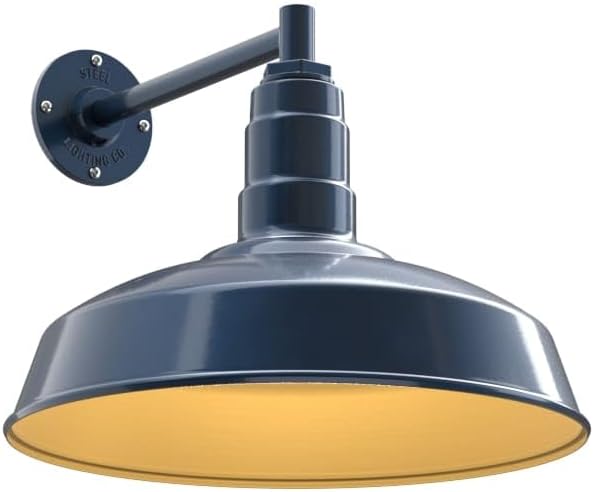 Steel Lighting Co. | Dusk to Dawn | Gardena Barn Light | Outdoor Wall Mounted | 16" Dome | 11" Straight Arm | Farmhouse Light Made in America | Gray Blue/Brass
