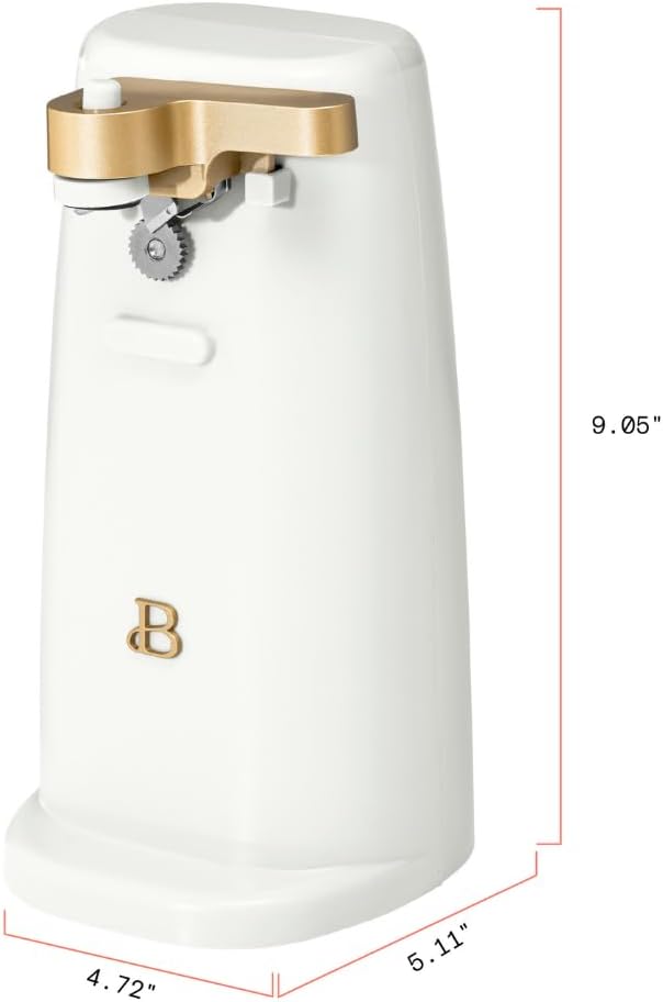 Beautiful Electric Can Opener with Auto-Turn, Magnetic Lid Holder, Knife Sharpener, Bottle Opener, Removable Lever, Cord Storage, No-Tilt Base, Stainless Steel Blade, 70W (White Icing)