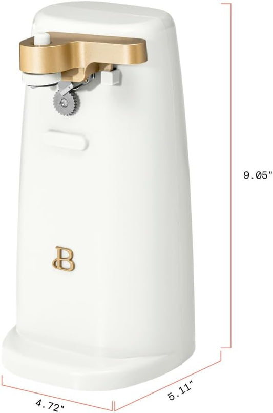Beautiful Electric Can Opener with Auto-Turn, Magnetic Lid Holder, Knife Sharpener, Bottle Opener, Removable Lever, Cord Storage, No-Tilt Base, Stainless Steel Blade, 70W (White Icing)