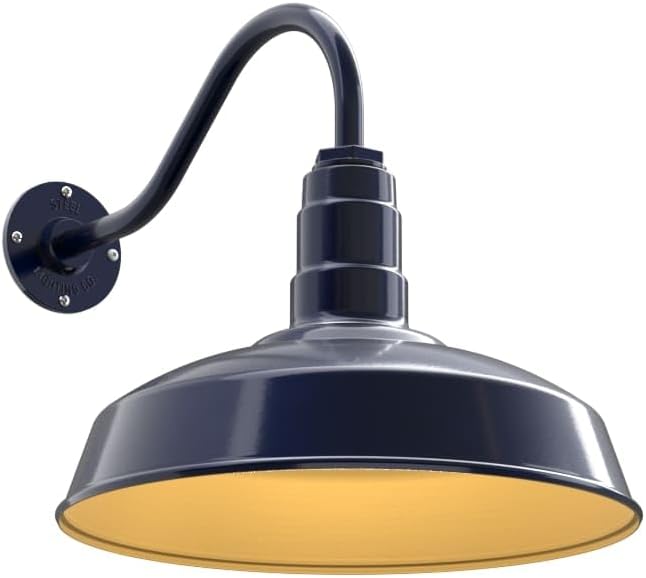 Steel Lighting Co. | Dusk to Dawn | Gardena Barn Light | Outdoor Wall Mounted | 16" Dome | 16" Gooseneck | Farmhouse Light Made in America | Navy Blue/Brass