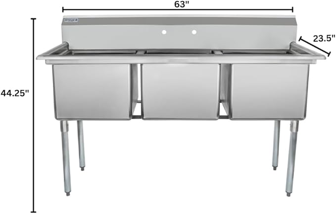 63" Wide Stainless Steel Three Compartment Commercial Sink | Prep Utility 18 x 18 Bowl for Catering Laundry Garage | 3.5" Drain Basket, 9.75" Backsplash, 63"W x 23.5"D x 44.25"H, 18 Gauge, NSF