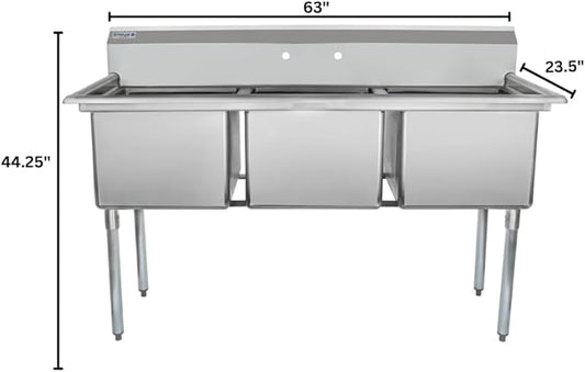 63" Wide Stainless Steel Three Compartment Commercial Sink | Prep Utility 18 x 18 Bowl for Catering Laundry Garage | 3.5" Drain Basket, 9.75" Backsplash, 63"W x 23.5"D x 44.25"H, 18 Gauge, NSF