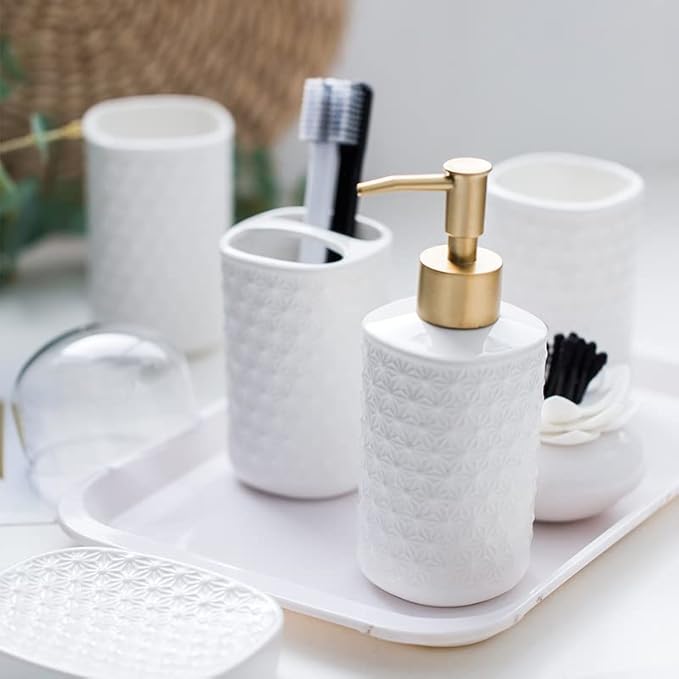 Ceramic Bathroom Accessories Set, 4 Pack Bathroom Ensemble for Bathroom Includes 1 Lotion Dispenser 1 Toothbrush Holder 1 Tumbler 1 Soap Dish (White)