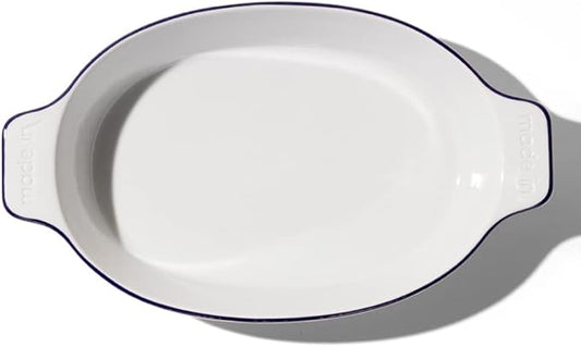 Made In Cookware - Oval Baking Dish - Navy Rim - Hand Crafted Porcelain - Professional Bakeware - Made in France