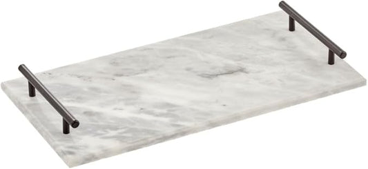 mDesign Thin Marble Pastry Board, Cutting Slab Kitchen Serving Tray with Deco Handles for Baking, Chopping, and Rolling - Serve Bread, Candy, Chocolate, Cheese, and Appetizers - Marble/Soft Brass