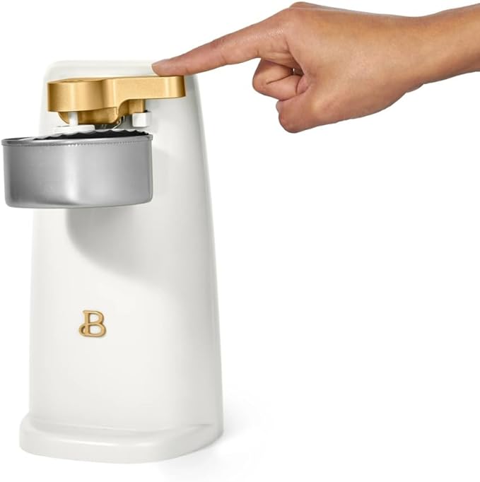 Beautiful Easy-Prep Electric Can Opener, Stainless Steel Blade, Built-in Knife Sharpener, Auto-Stop Safety, Cord Storage by Drew Barrymore (White)