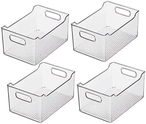 mDesign Plastic Storage Organization Bin with Handles for Kitchen Cabinet, Pantry, Shelf, Fridge/Freezer - Home Organizer for Fruit, Potatoes, Onions, Drinks, Snacks, Pasta - 4 Pack - Clear