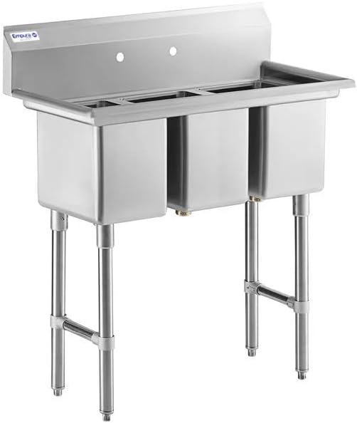 39" Wide Stainless Steel Three Compartment Commercial Sink | Prep Utility 10" x 14" Bowl for Restaurant Laundry | 3.5" Drain Basket, 9.75" Backsplash, 39"W x 19.5"D x 44.25"H, 16 Gauge, NSF
