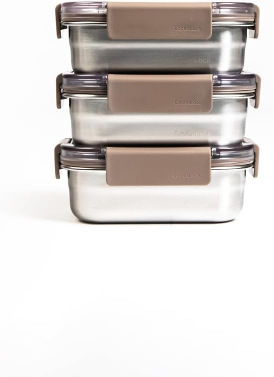 Locknlock Stainless Steel Food Storage Containers with Lids, Metal Lunch Boxes, Leak-Proof, Microwave, Freezer and Dishwasher Safe, 3-Piece Set, 3 x 310ml