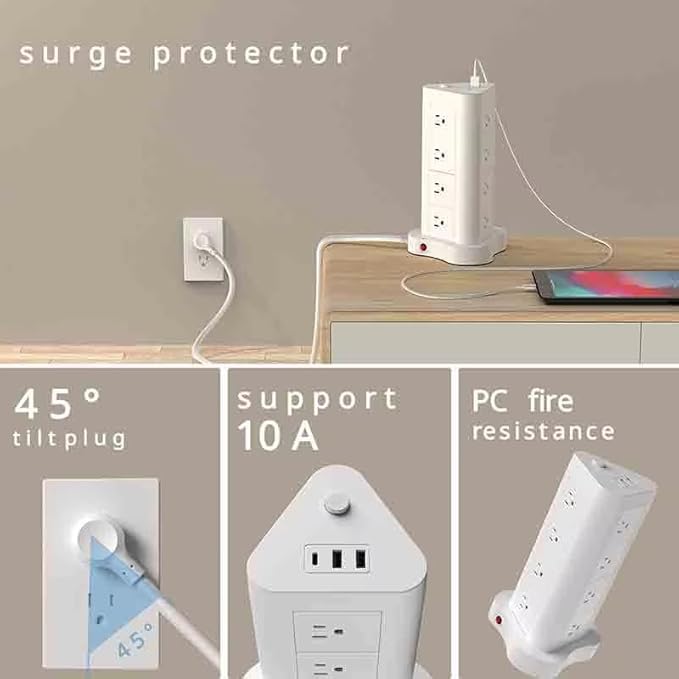 5ft Tower Shaped Flat 45° Plug with C Type 12 AC sockets Surge Protection Strip