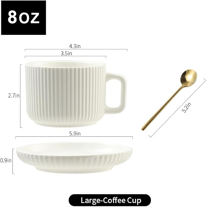 8 Ounce Cappuccino Cups Set of 4, Latte Mugs with Saucers and Spoons, White Cream Ceramic Coffee Mugs Tea Cups for Cappuccino Latte Mocha Au Lait Macchiato Cafe