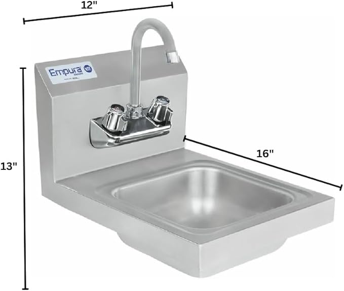12" Wide Stainless Steel Wall Mounted Hand Sink | Commercial Prep Utility 9" x 9" Bowl for Kitchen Laundry Garage | 4" Center Gooseneck Faucet, 10" Backsplash, 16"D x 12"W x 13"H, 20 Gauge, NSF
