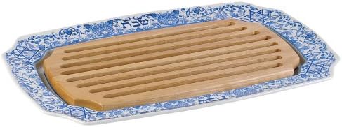 Spode Judaica Collection Challah Tray with Wood Insert - 17.5 Inch Blue & White Porcelain Shabbat Serving Piece, Traditional Judaic Tile Design, Removable Cutting Board Frame